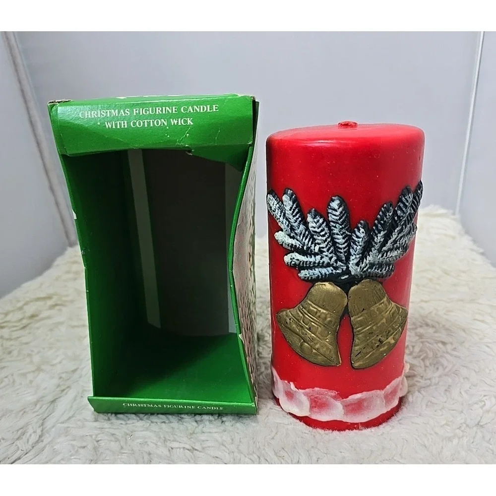 Vintage Christmas Pillar Candle Bells &‎ Holly Decor Retro MCM Unburned in Box